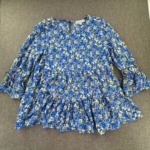 Stem & Vine Floral blouse Ruffled Blue Yellow 3/4th Sleeves Medium‎ Relaxed Fit
